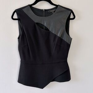BCBG MaxAzria Black Peplum Leather Knit Sleeveless Cut Out Top Size Small